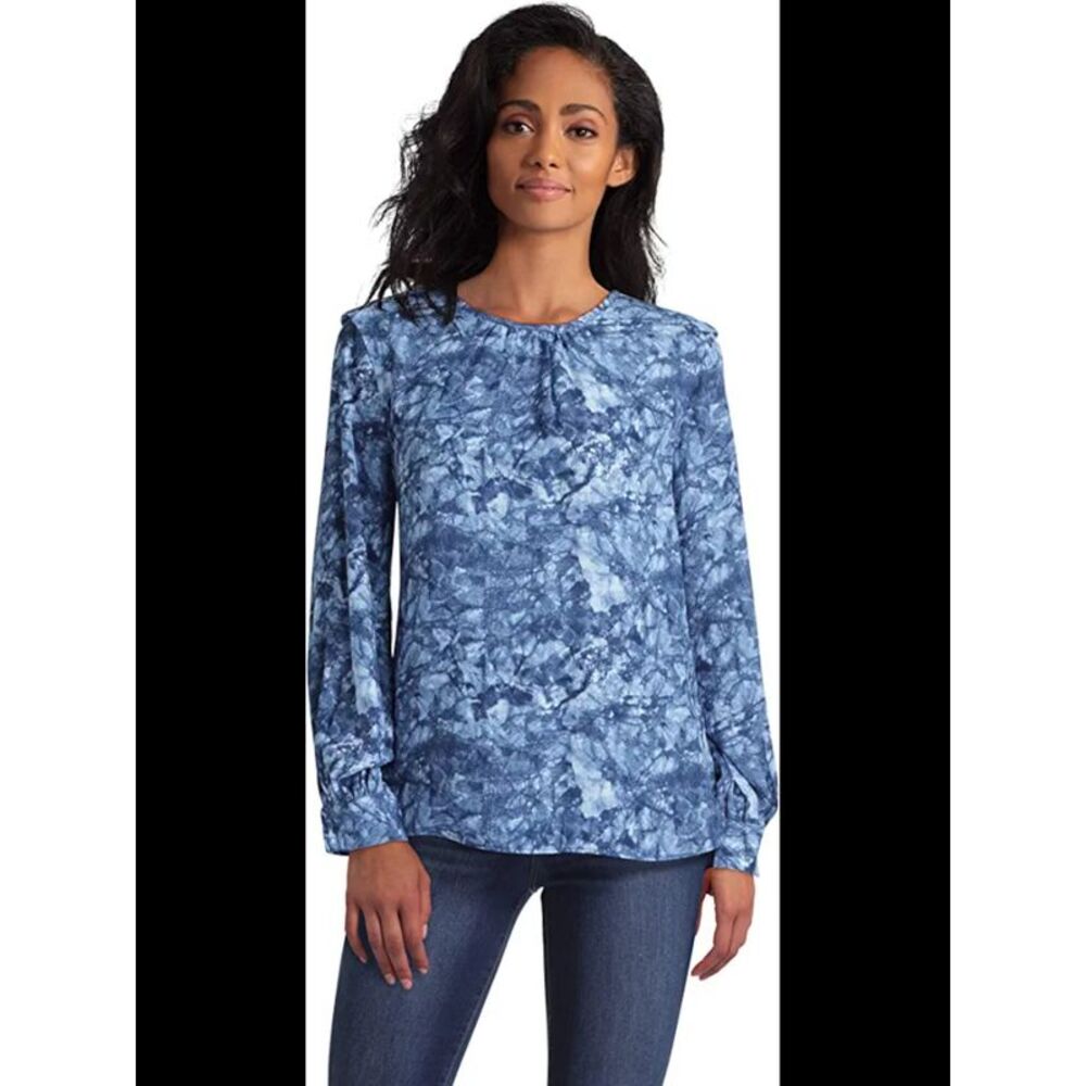 HALSTON Womens Blue Back Curved Hem Cuffed Sleeve Wear To Work Blouse M